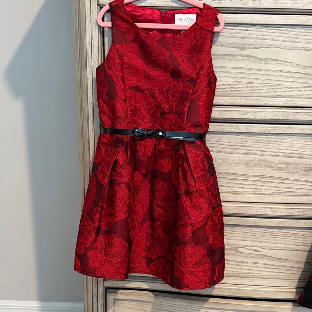 Place Red Floral Kids Dress with Black Belt